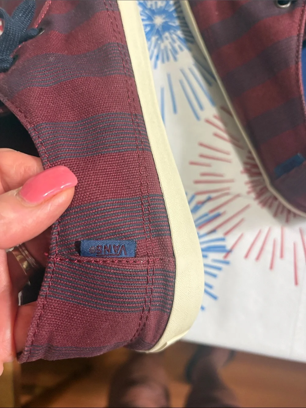 Vans Men’s Burgundy and Navy Striped Surf Siders